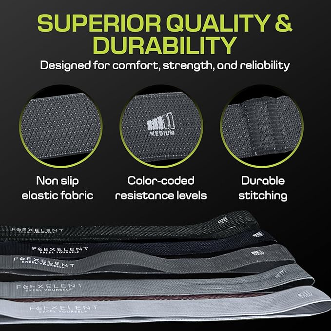 Fabric Resistance Bands for Working Out – 5 Strength Levels from Extra Light to Extra Heavy – Thick Workout Bands for Legs, Glutes, HIPS, Stretching, Strength Training with Storage Bag