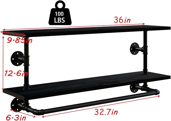 Clothes Rack 36in, 2-Tier Wall Mounted Garment Rack with Real Wood Shelf, Heavy Duty Hanging Clothes Rack, Multi-Purpose Hanging Rod, Space-Saving Closet Storage