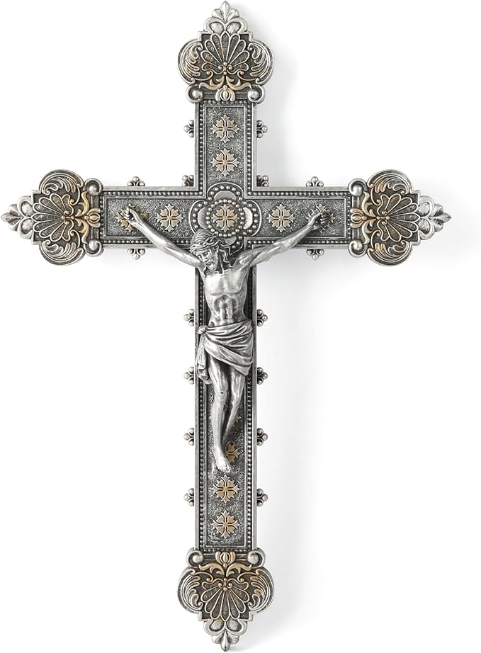BC Catholic Crucifix Wall Cross, 12"H Jesus Christ Home Decor, Religious Gift, Vintage Silver Color Finish, Renaissance Sculpture Hand-painted by Buildclassic