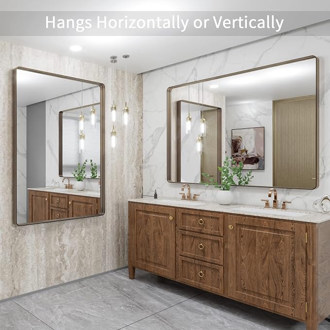 LOAAO 48”X36” Bronze Bathroom Mirrors for Vanity, Rounded Rectangle Brushed Bronze Metal Frame Mirror, Anti-Rust, Tempered Glass, Hangs Horizontally or Vertically