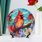 Decorative Plates, Winter Bird Stained Glass Design Ceramic Dinner Plate Home Wobble-Plate with Display Stand, Wall Hanging Decor for Dining Room Kitchen Household 10 Inch, Gifts for Loss of Loved