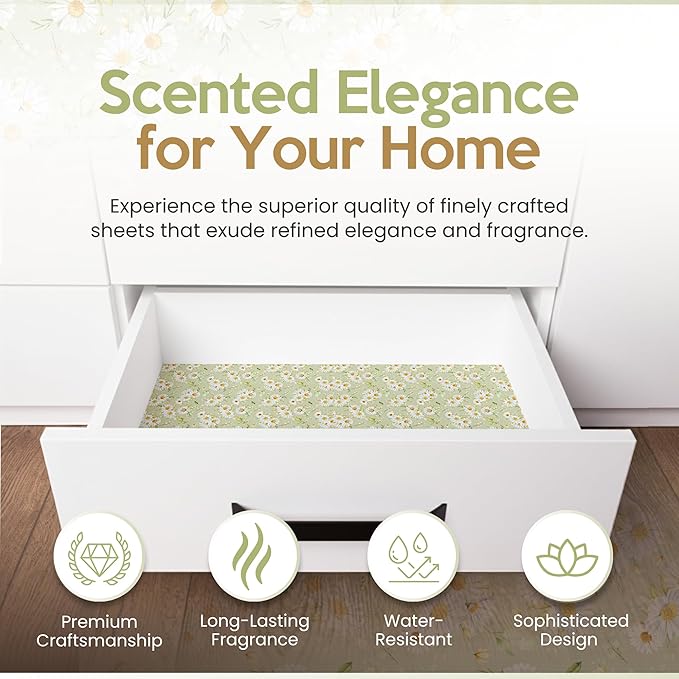 Chamomile Scented Drawer Liners for Dresser Drawers (10 Large Sheets, 19.7" x 14.4") - Non Adhesive Drawer Paper Liner for Bedroom Dresser & Closet Shelves by Linda’s Essentials