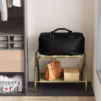 Smuxee Gold Luggage Rack, Foldable Suitcase Stand with Fabric Storage Shelf, Luggage Holder with 4 Nylon Straps for Guest Room Bedroom Hotel