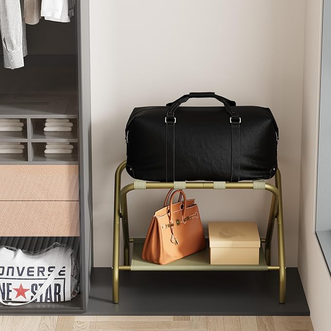 Smuxee Gold Luggage Rack, Foldable Suitcase Stand with Fabric Storage Shelf, Luggage Holder with 4 Nylon Straps for Guest Room Bedroom Hotel