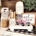 Coffee Decor for Coffee Bar Metal Truck with Coffee Beans Burlap Sack Vintage Pickup Mini Diecast Truck for Farmhouse Coffee Station Home Coffee Bar Tabletop Decorations (Pink)