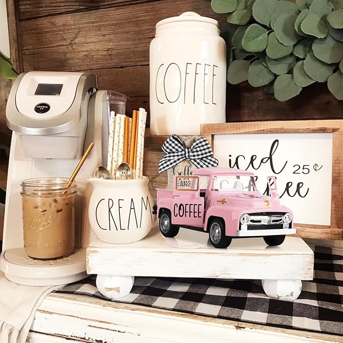 Coffee Decor for Coffee Bar Metal Truck with Coffee Beans Burlap Sack Vintage Pickup Mini Diecast Truck for Farmhouse Coffee Station Home Coffee Bar Tabletop Decorations (Pink)