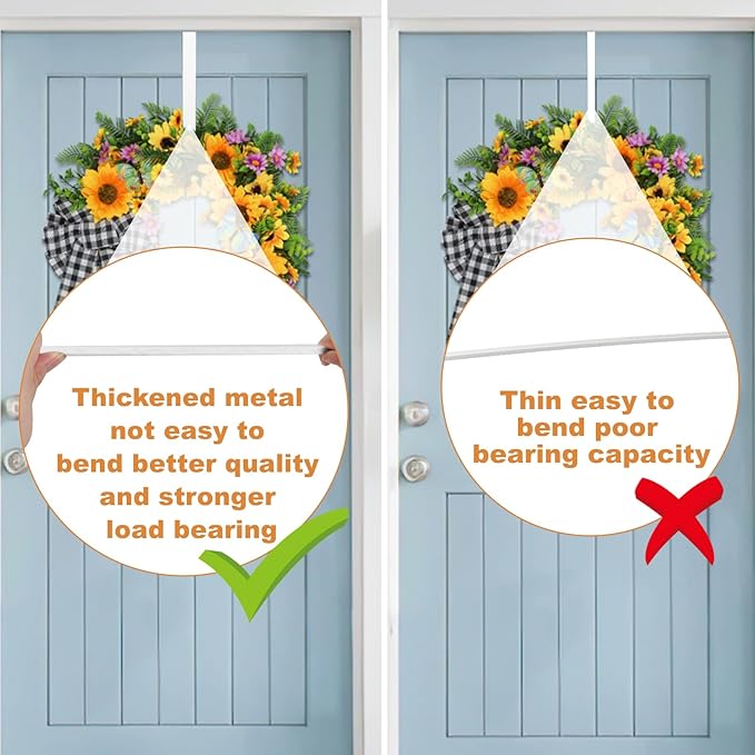 PECULA 4 Pack 14” Wreath Hangers for Front Door, Wreath Door Hanger 40lb Load-Bearing, Metal Wreath Hanger for Welcome Sign, Door Wreath Hanger for Halloween, Easter, Christmas Decorations (White)