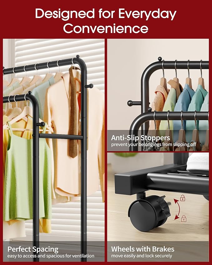 Clothes Rack - Double Rods Clothing Rack with Mesh Shelf, Hooks & Wheels, Metal Clothing Racks for Hanging Clothes & Bags, Multifunctional Garment Rack for Laundry, Black, 28.7" x 16.5" x 59.1"
