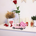 Valentine’s Day Metal Truck with Hearts Pink Truck Vintage Romantic Tiered Tray Decor for Farmhouse Metal Car Model Valentine’s Day Table Centerpiece Supplies