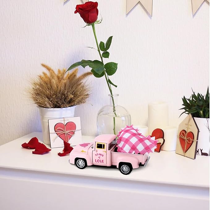 Valentine’s Day Metal Truck with Hearts Pink Truck Vintage Romantic Tiered Tray Decor for Farmhouse Metal Car Model Valentine’s Day Table Centerpiece Supplies