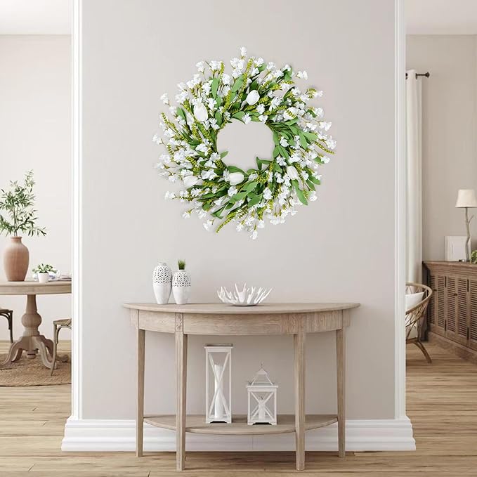 Sggvecsy Spring Summer Wreath for Front Door 22 Inch Artificial White Flower with White Tulips Greenery Leaves Lavender for All Seasons Home Farmhouse Indoor Outdoor Wall Decor