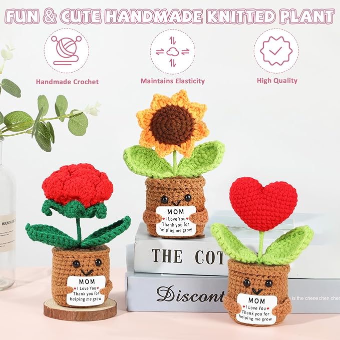 Mom Mother's Day Appreciation Gift Positive Crochet Flower Heart Plant Emotional Support Sunflower Inspirational Handmade Knitted Doll with Card Cute Present for Mommy Grandma for Mother Birthday