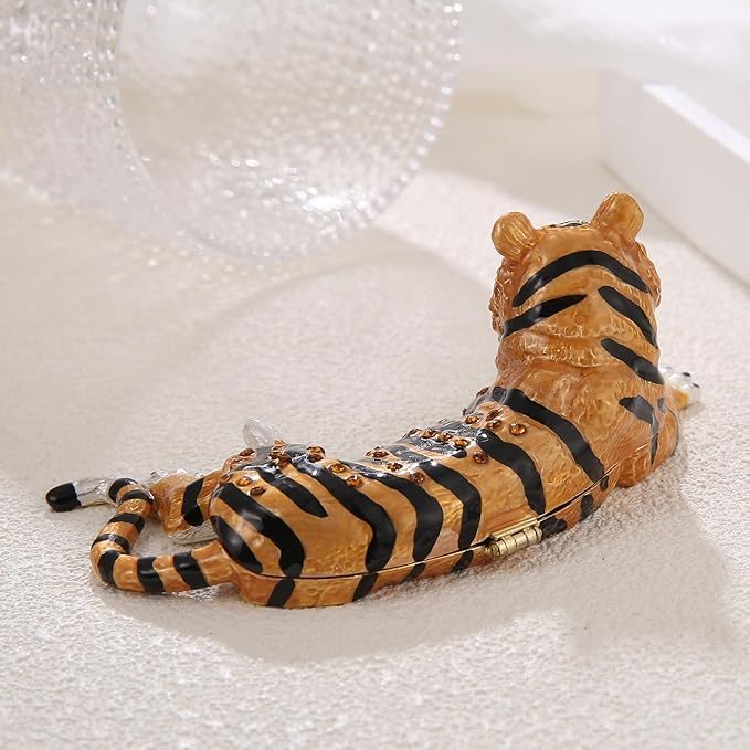 Hand Painted Trinket Box for Home Decor Accents, Enamel Hinged Jewelry Box for Bookshelf Office Table Desk Decoration, Classical Figurine Collectible Keepsake Animal Sculptures (Lying Tiger)