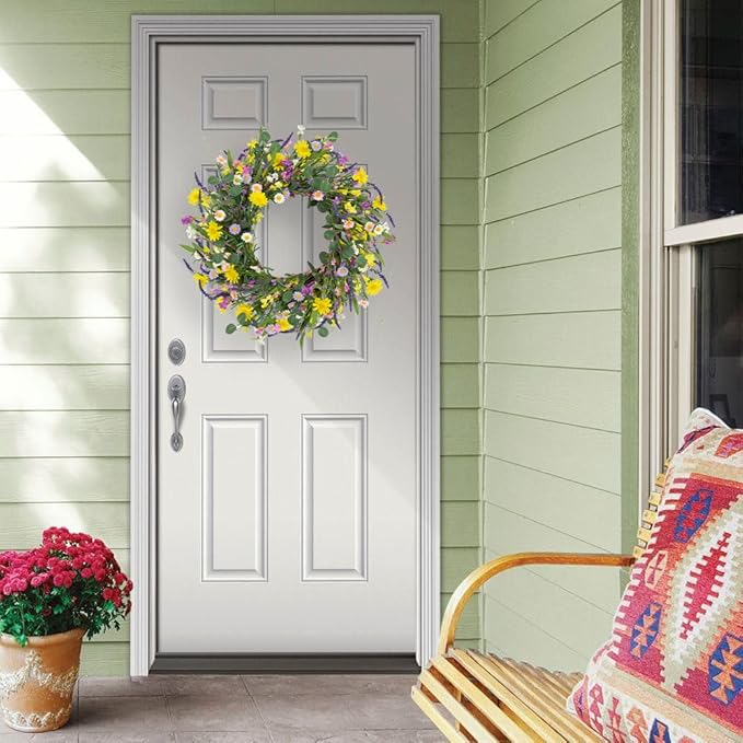 LLZLL Spring Decorations for Home 22" Spring Wreath Artificial Summer Wreaths with Eucalyptus Leaf Lavender and Daisy for Easter Indoor Outdoor Home Festival Celebrations