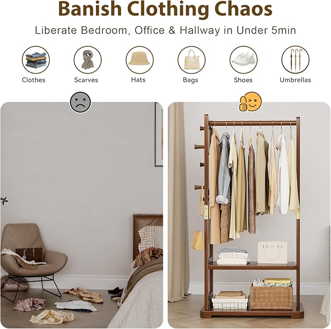 Coat Rack Solid Wood Clothes Rack with 2 Shelves & 4 Hooks for Hanging Clothes Garment Wallets Hats, Clothing Rack Heavy Duty Coat Rack Freestanding with Storage Hall Tree for Hallway Bedroom