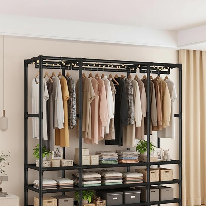 Portable Closet,Portable Closets for Hanging Clothes,Japanese Style Wardrobe Clothing Rack with 4 Drawers,3 Hanging Rods and 6 Storage Shelves,56.2" L x 17.7" W x 65.1" H,Black