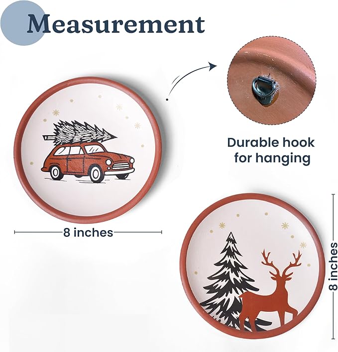FINE LIVING 8 Inch Terracotta Winter Plates Set of 2, Ceramic Wall Hanging Clay Decorative Plates for Winter Decorations, Round Wall Decor for Living Room & Kitchen