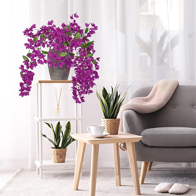 33.5" Bougainvillea Artificial Flowers Fake Purple Flowers, UV Resistant Long Sprays Artificial Bougainvillea Flowers for Indoor & Outdoor Decor, 3PCS Faux Hanging Flower for Home Room Wedding Porch