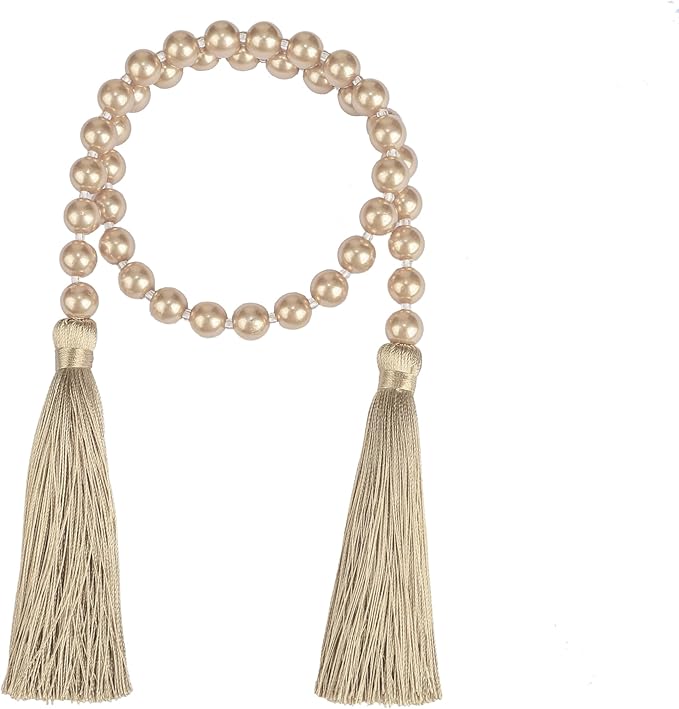 34 Inch Pearl Glass Bead Garland with Tassels - Elegant Boho Table Decor, Fringe Wall Hanging for Wedding, Party, Farmhouse Rustic Prayer Bead Home Decoration(2 Pack,Champagne Gold)