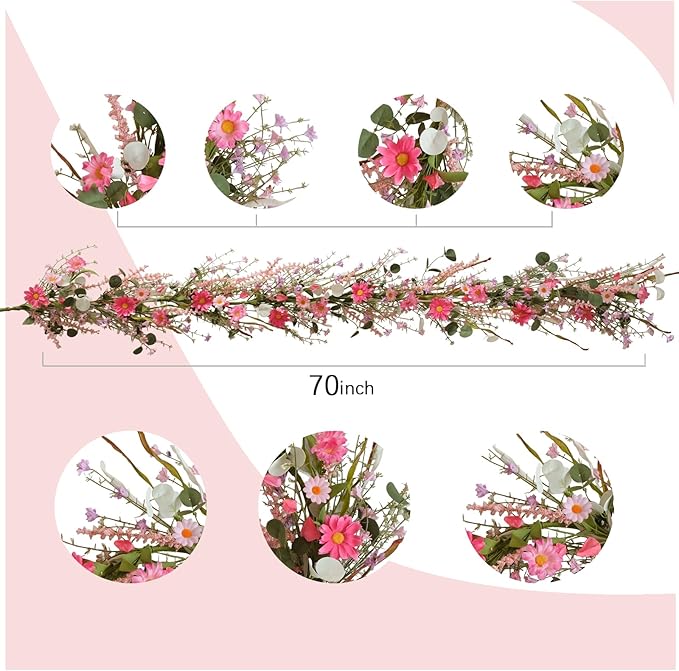 TEMPUS 5.9ft Spring/Summer Flower Garland, Artificial Daisies Wildflower Leaves Garland,Garlands for Decoration for Indoor Outdoor Farmhouse Window Wall Wedding Background Home Party Decor