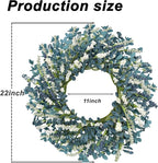 22 Inch Blue Floral Wreath for Front Door, Artificial Spring Summer Wreath with Free Pink Sash, All Seasons Eucalyptus Greenery Wreath for Indoor Outdoor Home Wall Wedding Decor