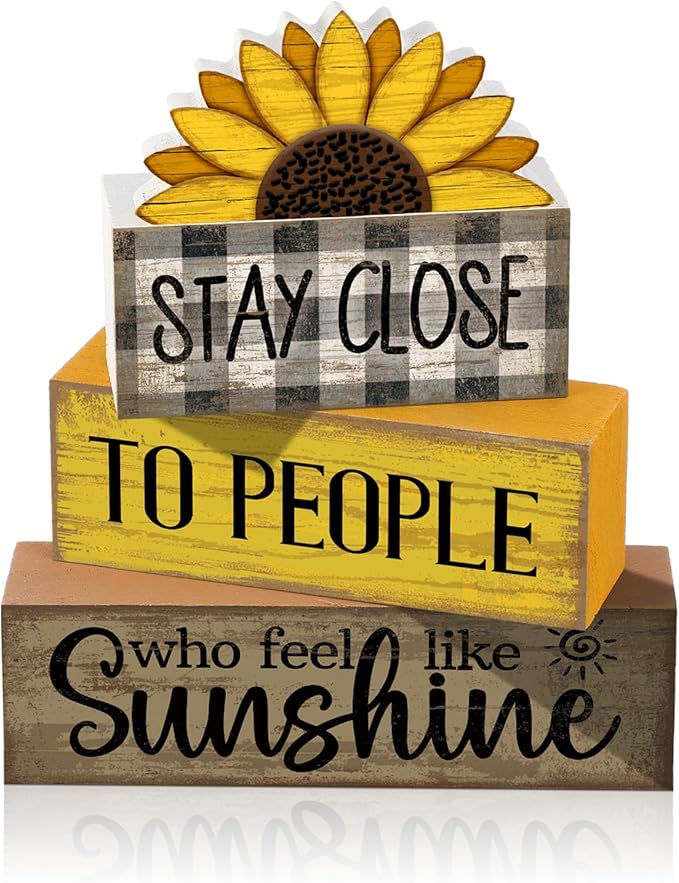 Lineshading 4 Pcs Farmhouse Sunflower Table Decorations Stackable Rustic Wooden Sunflower Block Signs Summer Tiered Tray Decor Centerpiece Rustic Country Sunshine Themed Decor for Home Mantel Shelf