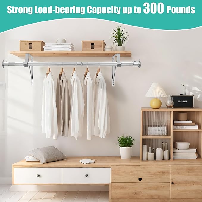 Closet Rod, 16 to 63 Inch Closet Rods Heavy Duty Adjustable Wardrobe Poles for Hanging Clothes and Heavy Duty Bracket Closet Pole Support (The Shelf NOT Included)(Silver)