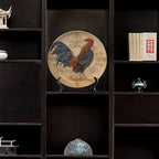 Rooster Decorative Plate Stand, 10 Inch, Rooster On A Khaki Background Round Display Plate, Handmade Ceramic Ornament, for Display Living Room Kitchen Closet Table Decor