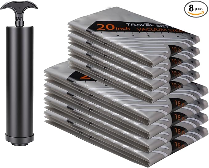 Space Saver Vacuum Storage Bags with Manual Hand Pump - 8PCS Set (4 Medium/4 Small) 70% Compression Travel Bags for Clothing Storage