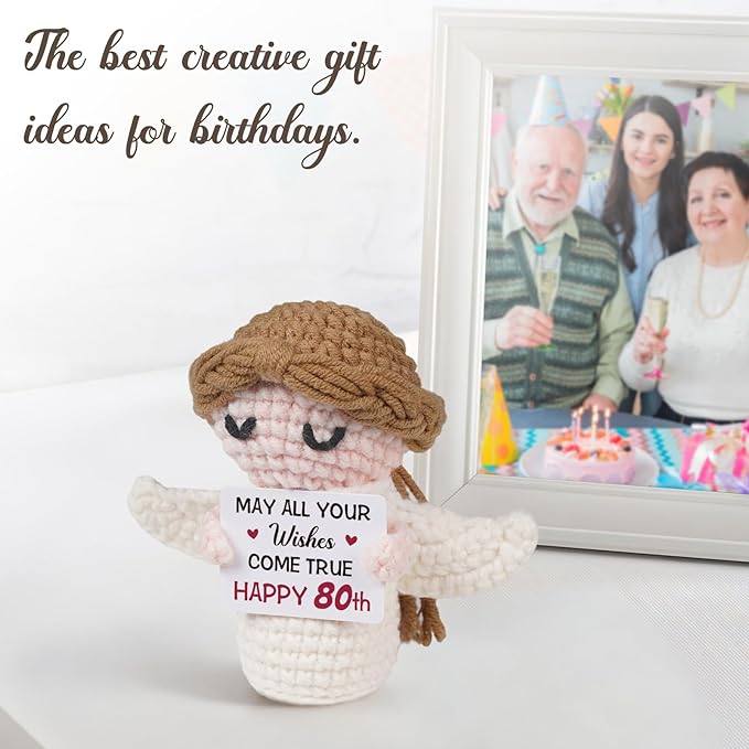 80th Birthday Gifts for Women Men, 1946 80th Birthday Decorations, Happy 80 Year Old Gifts for Family Friends - Handmade Positive Angel Crochet Doll