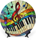 Musical Notes Theme Decorative Ceramic Plate Round Porcelain Plate,10 inch,Musical Rainbow Stained Glass Pattern,for Decorative Ornaments Giving Plates,1 Plate with 1 Display Stand,Red Blue