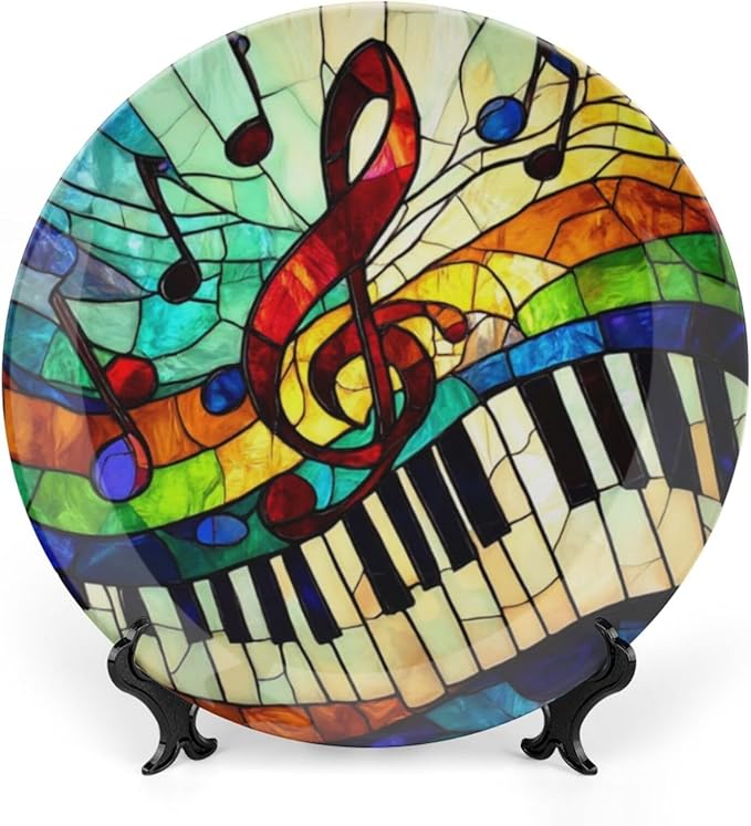Musical Notes Theme Decorative Ceramic Plate Round Porcelain Plate,10 inch,Musical Rainbow Stained Glass Pattern,for Decorative Ornaments Giving Plates,1 Plate with 1 Display Stand,Red Blue