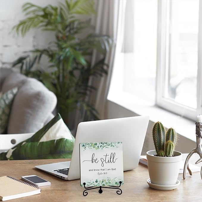 Inspirational Christian Desk Decor, Be Still And Know That I Am God Eucalyptus Sign, Desk Decorations For Office Home Living Room Bathroom, Eucalyptus Shelf Decor, Wooden Plaque With Stand (07)