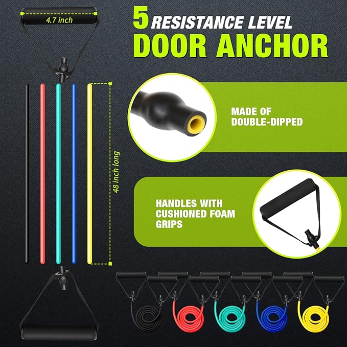 Leyndo 5 Pcs Exercise Resistance Bands with Handles Physical Resistance Tube Workout Bands with Door Anchor for Men Women Muscle Toning Strength Training