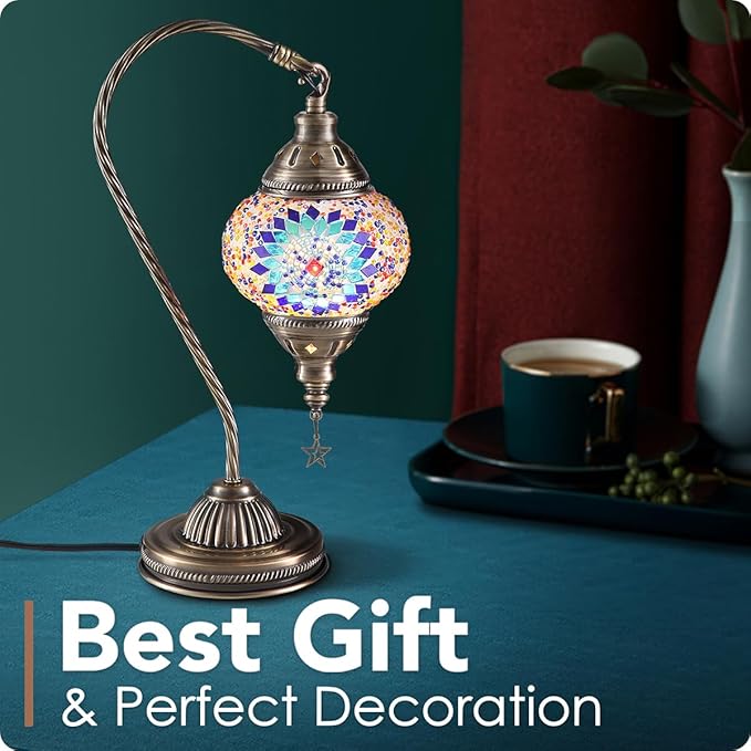 Yarra-Decor Turkish Moroccan Lamp with Bronze Base 3 Color Options Handmade Swan Neck Tiffany Mosaic Glass Bedside Lamps for Bedroom (LED Bulb Included)(1)