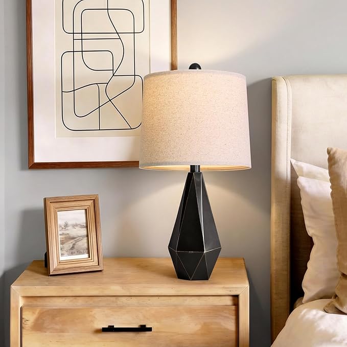PoKat Table Lamps Set of 2 for Bedroom, 23.5'' High Farmhouse Nightstand Lamps for Living Room, Modern Bedside Lamps with Linen Shade for Office Sideboard Hallway Gift (Matte Black)
