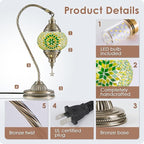 Yarra-Decor Turkish Moroccan Lamp with Bronze Base 3 Color Options Handmade Swan Neck Tiffany Mosaic Glass Bedside Lamps for Bedroom (LED Bulb Included)(6)