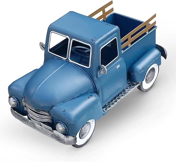 Farmhouse Blue Metal Truck Decor, Vintage Trucks Planter ,Decorative Rustic Pickup Farm Tabletop Storage Table Centerpiece for Office , Desk, Country Style Home & Kitchen Shelf Garden Decoration