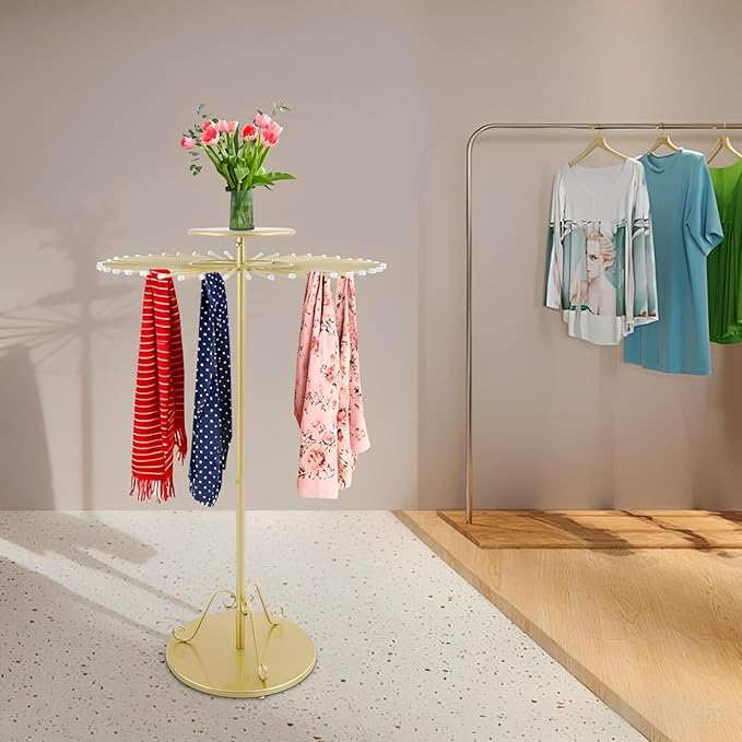 Scarf Display Stand 45-Arm Scarf Holder Organizer Freestanding Scarf Hanger 360° Rotating Rack for Home and Clothing Store (Gold, 45 Rods)