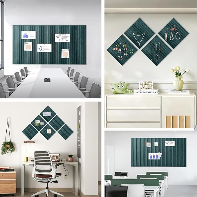 Large Cork Board for Office, 8 Pack Felt Wall Tiles with Slat Wall Paneling and Safe Removable Adhesive Tabs, Felt Bulletin Board Pin Board Cork Boards for Walls - Forest Green