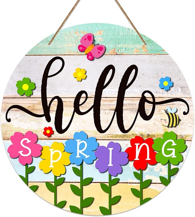 PETCEE Hello Spring Door Sign - 11.5" Colorful Flowers Spring Sign for Front Door Welcome Spring Decoration Wreath Farmhouse Welcome Spring Hanging Sign for Home Door Wall Porch Indoor Outdoor Decor