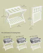 SONGMICS Solid Wood Luggage Racks, Set of 2, No Assembly Required, Foldable Suitcase Stand, Luggage Holder, with Storage Shelf, for Guest Room, Hotel, Bedroom, Cream White URLR021WZ02S