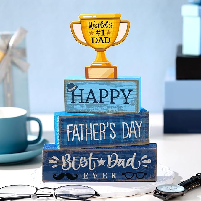 Yuntau 4 Pcs Father's Day Decorations Happy Father's Wooden Tabletop Tiered Tray Decor Rustic Best Dad Ever Trophy Block Table Sign Centerpiece for Farmhouse Shelf Office Birthday Party Gift