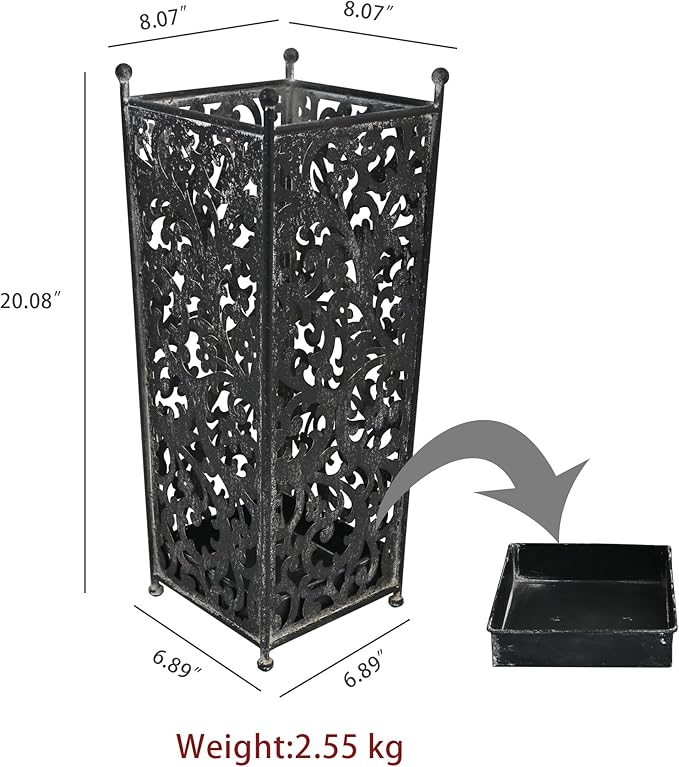Vintage Metal Distressed Black Umbrella Holder 20"H Square Umbrella Stands with Removable Drip Tray Entryway Organizer Bucket for Foyer/Porch - Holds Multiple Umbrellas, Walking Sticks & Canes