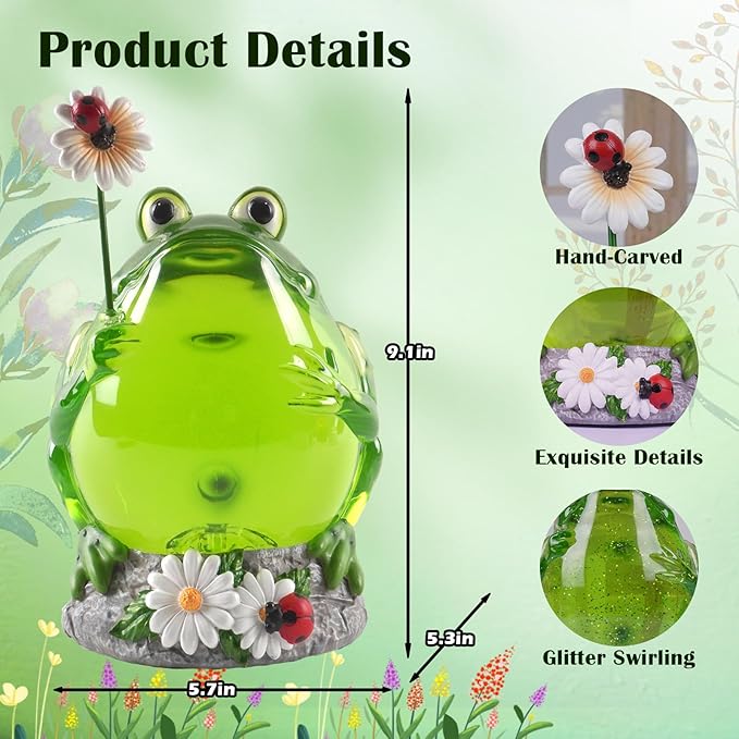 Spring Frog Snow Globe Decor with 6H Timer, Swirling Glitter Frog Snowglobe Spring Figurine Decorations, USB/Battery Operated, for Spring Holiday Home Decor and Gift (Frog Flower)