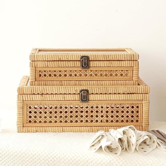 DECOR4SEASON Rattan and Cane Stacking Boxes with Glass Top Lid - Set of 2 for Boho, and Rustic Farmhouse Decor