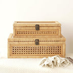 DECOR4SEASON Rattan and Cane Stacking Boxes with Glass Top Lid - Set of 2 for Boho, and Rustic Farmhouse Decor