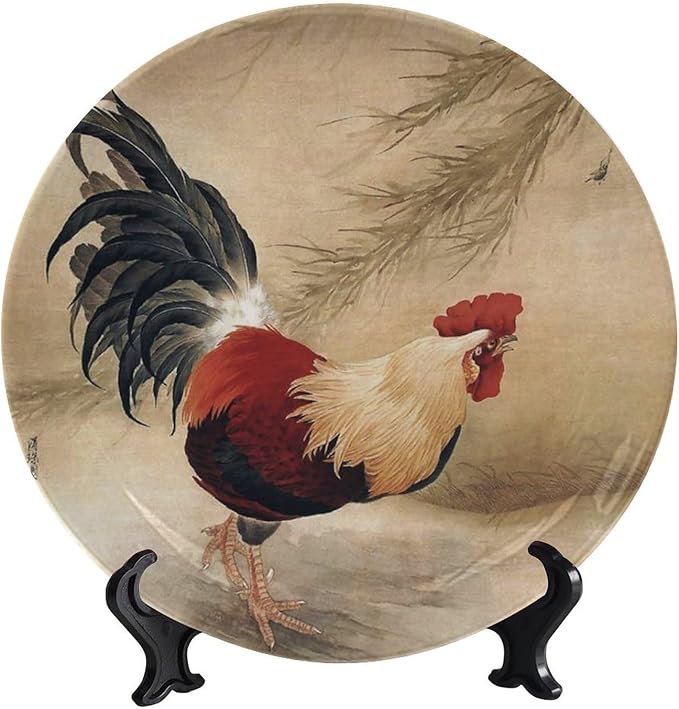 Rooster Decorative Plate Holder, 8 Inch, Rooster In The Reeds Round Display Plate, Hanging Decorative Plate with Display Stand, for Display Living Room Kitchen Closet Table Decor