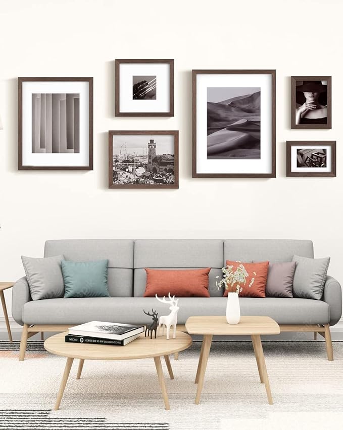 Egofine A4 Picture Frames Set of 4, Made of Solid Wood Covered by Plexiglass 5x7 and 6x8 with Mat or A4 without Mat, for Table Top Display and Wall Mounting Photo Frame Brown