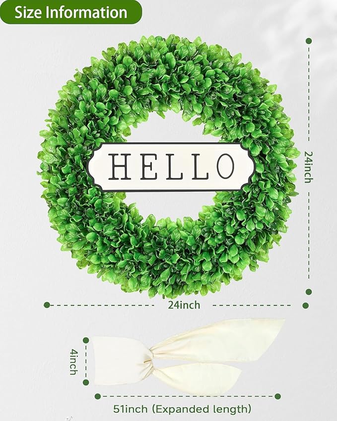 DDHS 23 Inch Large Boxwood Wreath for Front Door, Round Artificial Spring Summer Greenery Wreath with Hello Sign & Sash, Green Wreaths for Farmhouse Wedding Year Round Indoor Outdoor Home Decor